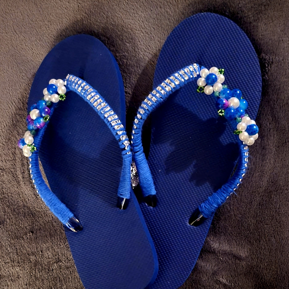Blue Beaded Flip Flops